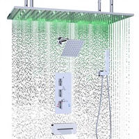 Système de douche mural thermostatique Homedec à 3 poignées, double tête, avec douchettes LED effet pluie et cascade 16x32 pouces, robinet 2-en-1
