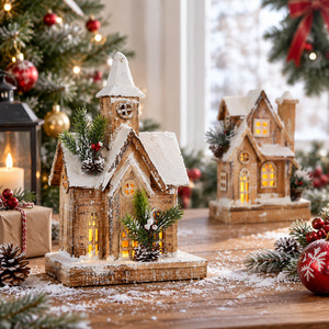 LINGKAI <b>Lighted</b> Wooden <b>Christmas</b> House Ornament LED Snowy Wood Village Cabin Tabletop Decoration for Xmas Home Mantel Decor - Product Image 3