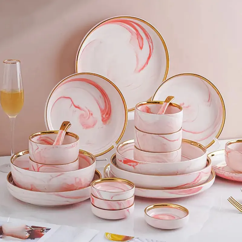 Luxus Hochzeit Gold umrandete Linie plattiert Keramik Geschirr Essteller und Schüssel rosa Marmor Dinner Set Porzellan