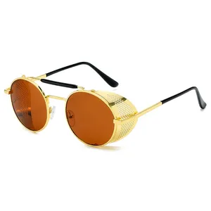 Tek kurbağa güneş gözlüğü steampunk yuvarlak gözlük vintage steampunk gözlük güneş gözlüğü ayna Metal çerçeve