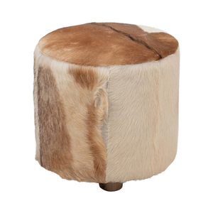 Poggiapiedi Rotondo in Pelle di Mucca con Patchwork, Sgabello Imbottito per Camera da Letto o Soggiorno - Product Image 3