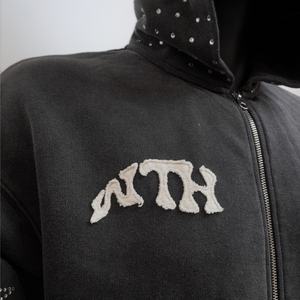 เสื้อฮู้ดดี้ทรงหนาสีดำแบบซิป ยี่ห้อ TOPSHOW แต่งลายปักแบบดิสเทรส พร้อมโลโก้ปัก  ผ้าเฟรนช์เทอร์รี่  ฟอกสีแบบแอซิดวอช  ประดับด้วยคริสตัล - Product Image 3