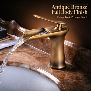 Rubinetto per lavabo a cascata alto in bronzo anticato, in ottone massiccio, monocomando, montaggio su piano, con beccuccio a canale aperto, per <span class=keywords><strong>bagno</strong></span>, all'ingrosso OEM - Product Image 2