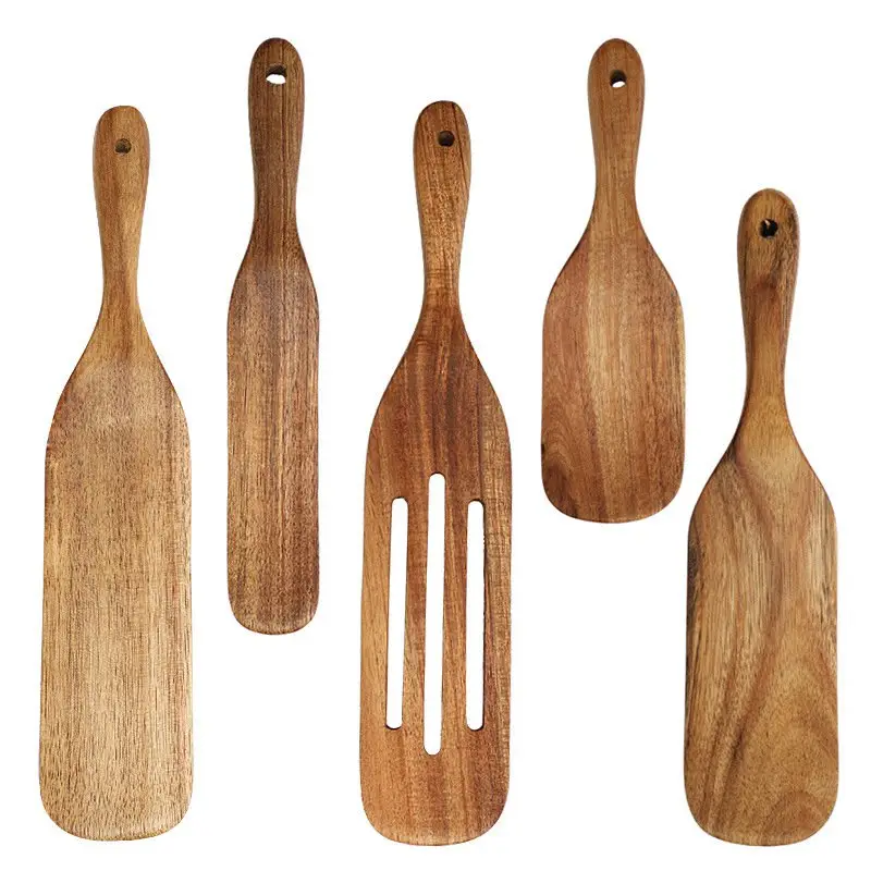 Herramientas de cocina de madera de teca de bambú, cuchara, tenedor, espátula, utensilios de cocina, juego de utensilios para sartén antiadherente