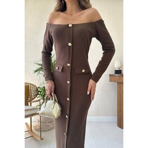 Robe fourreau élégante marron tricotée à épaules dénudées et manches longues, taille naturelle, en Spandex et Polyester, pour la mère de la mariée - Product Image 2