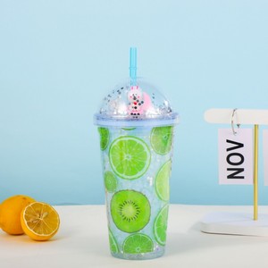 Vaso de Plástico de Doble Pared con Diseño de Frutas Frescas de 450 ml, con Tapa de Domo y Pajita, con Purpurina Plateada y Mini Figura de Conejo de Dibujos Animados para Niñas - Product Image 2