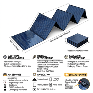 Panel <span class=keywords><strong>Solar</strong></span> Plegable de 500W, 18V/36V, Conector Anderson, Alta Eficiencia, Impermeable, Cargador <span class=keywords><strong>Solar</strong></span> Monocristalino para 12V-72V - Product Image 5