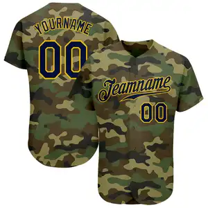 Groothandel Polyester Honkbalshirts Met Korte Mouwen Gepersonaliseerd Op Maat Camo Navy-Goud Authentiek Baseball Jersey Casual Shirt