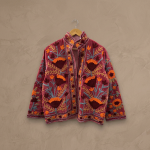 Vintage Dust Red <b>Velvet</b> Suzani Embroidered Jacket <b>Women</b> Open Front Mandarin Collar Short <b>Coat</b> Reversible Boho Winter Outerwear - Product Image 4