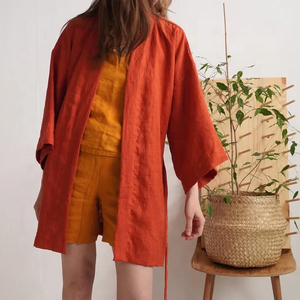 <span class=keywords><strong>Kimono</strong></span> di lino corto da <span class=keywords><strong>donna</strong></span> personalizzato abito da salotto in lino morbido abito da bagno corto in lino lavato - Product Image 5