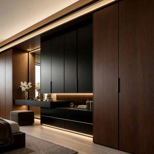 Armoire à portes battantes BALOM, design moderne personnalisé pour chambre à coucher, bois foncé et contraste noir avec éclairage intégré - Product Image 1