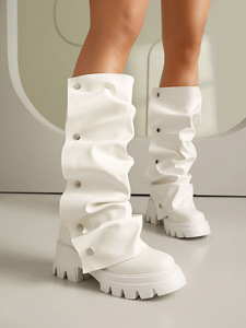 Women Platform Fold Over Boots Chunky Heel Round Toe Western <b>Pull</b> on Fashion Mid-Calf <b>Light</b> Height Increasing Solid - Product Image 2