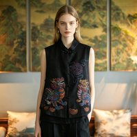Gilet original de style chinois pour femme avec lion et boule brodée, en fil de soie Xiangyun, noir, facile à assortir 5573