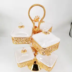 Factory Wholesale Golden Plate Iron Wire Rack With 4PCS Dessert Serving Tray Metal Food Can Tray