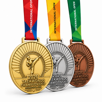Taekwon-Do Medaille 3D Kick Sunburst Gold Silber Bronze Set mit individueller koreanischer Inschrift, Lanyard, internationaler Metall-Mode-Sportartikel