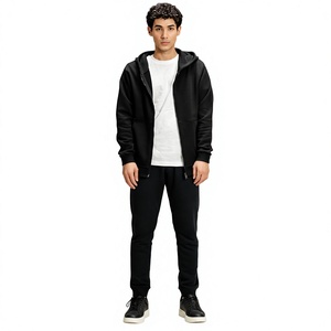 Chándal con Capucha Negro para Hombre, Cierre Completo con Cremallera, Ropa Casual, 100% Algodón, Corte Regular, Color Sólido, Bolsillos Laterales, Estilo Otoñal - Product Image 1