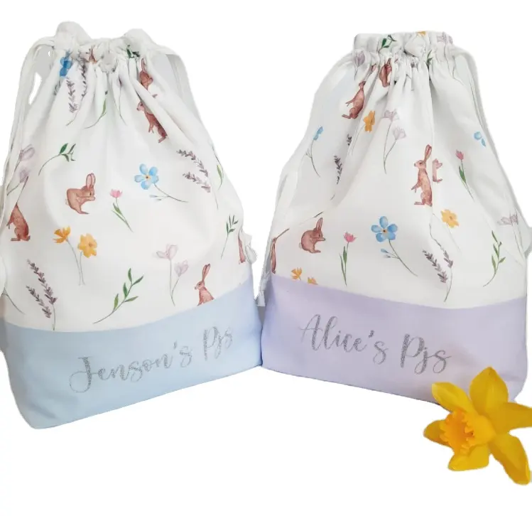 Personalized Sublimation Custom Kids Floral Bunny Print Fabric Candy Gift Drawstring Easter Bag Baskets