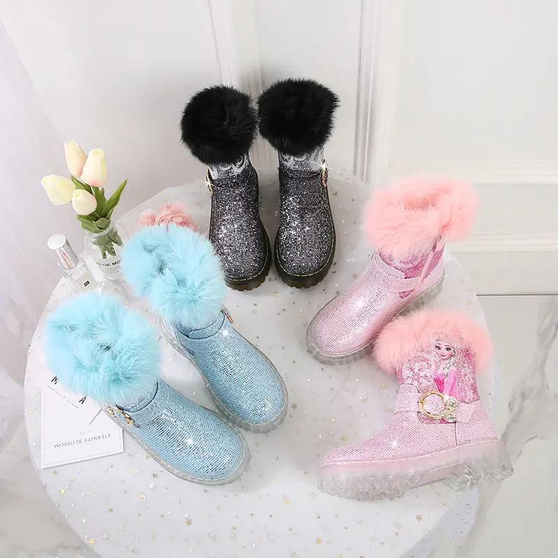 Girls' boots children female baby two cotton boots girls' shoes children's short plush snow Moisture-proof and sweat-absorbent
