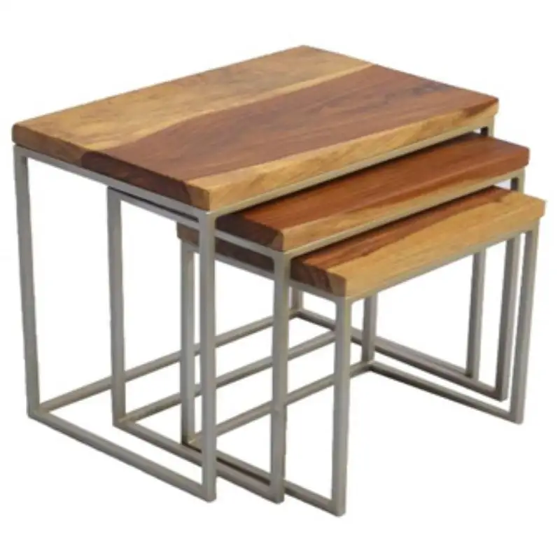 スタイリッシュでモダンな長方形の形の黒い鉄の入れ子テーブルセット3つの固体の黒いテーブルの金属と木製のコーヒーテーブルセット