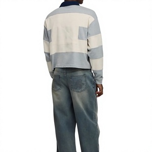 Polo en tricot rayé à manches longues pour homme, design décontracté bicolore, boutons sur le devant, gris beige marine, col - Product Image 3