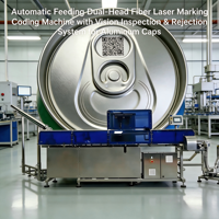 Machine de marquage laser à fibre à double tête avec alimentation automatique, lecture de codes, inspection visuelle et système de rejet pour capuchons en aluminium