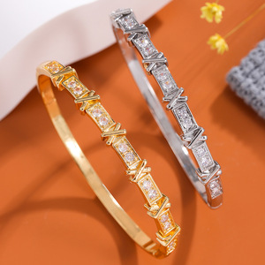 Classic Double Row Zircon <b>Bangle</b> For Women Polished Gold <b>Silver</b> Zinc Alloy Claw Setting Gift Jewelry Fashion <b>Bracelet</b> - Product Image 1