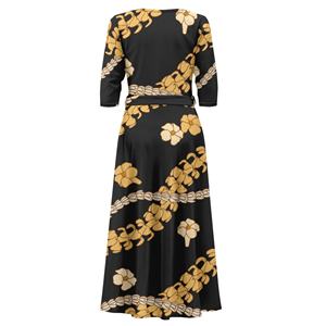 Vintage Hawaiian Tropical Pattern Langes Kleid für Frauen Lässige Kurzarm kleider mit V-Ausschnitt Maxi Sun dress Empire Taille mit Gürtel - Product Image 4