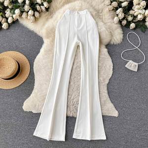 Pantalon long décontracté drapé respirant teint en pièce avec fermeture éclair en polyester/coton pour femmes et jeunes filles, pantalon évasé uni taille haute - Product Image 3