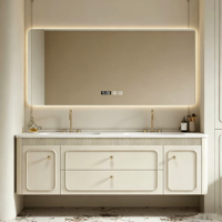 Meuble-lavabo de salle de bain de luxe léger à la française, style crème, avec lavabo intégré thermoformé pour salle de bain