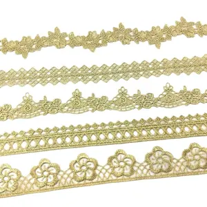 Custom scalloped gold chemical indian sari border crochet alencon embroidered venice guipure lace trimssle trimming ribbon