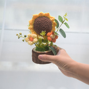 成品手工编织盆栽植物家居装饰针织人造向日葵花羊毛钩编羊毛塑料工艺品 - Product Image 4