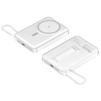 Support magnétique pliable avec batterie externe 15W à charge rapide sans fil, entrée Type-C, câble intégré et cordon anti-perte