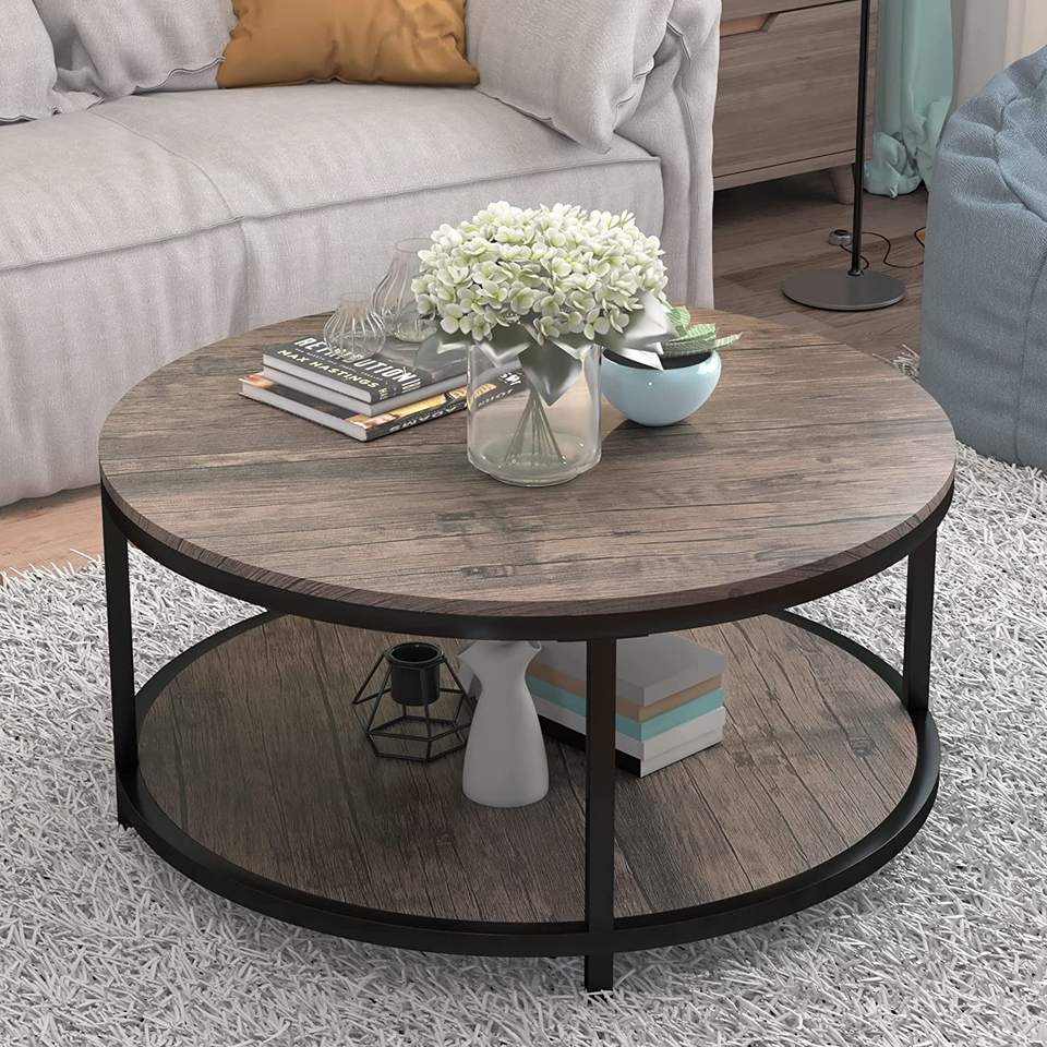 36 Inches Round Coffee Table Rustic Wooden Surface Top & Sturdy Metal ...