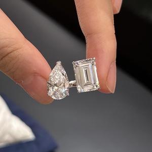 Bagues élégantes en argent pur S925 avec deux pierres en forme de poire, goutte d'eau, cube de sucre, diamant - Product Image 3