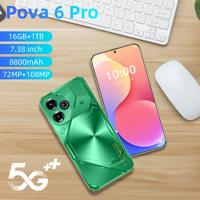Pova6pro Global Version Lightweight Android 14 Dual SIM Professional Phone 3G/4G Smartphone 108MP Wireless Charging