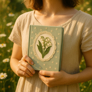 Carnet brodé Muguet A5 en tissu vert avec bordure en dentelle, motif floral vintage, idéal pour cadeau et écriture - Product Image 5