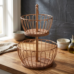 Double Tier Metal <b>Storage</b> <b>Basket</b> <b>Round</b> Kitchen Organizer Minimalist Design Standing Type - Product Image 6