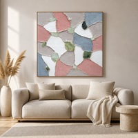 Peinture à l'huile sur toile 100% originale faite à la main, motif terrazzo abstrait, rose vert, art mural carré pour salon, décoration intérieure