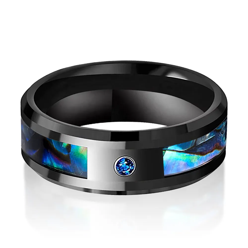 Zwarte Wolfraam Abalone Shell Inlay Ring 8Mm Blauwe Saffier Steen Trouwring Voor Mannen