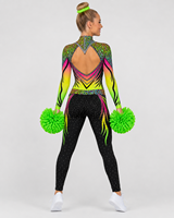 Unitard de danse et de cheerleading personnalisé à manches longues, imprimé léopard dégradé, en spandex et strass, avec découpes et dos ouvert en maille, pour la compétition et l'entraînement
