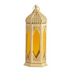 <b>Gold</b> Moroccan Style <b>Lantern</b> With Yellow Glass Panels Durable Home Decoration Candle Holder Centerpiece <b>Lantern</b> - Product Image 1