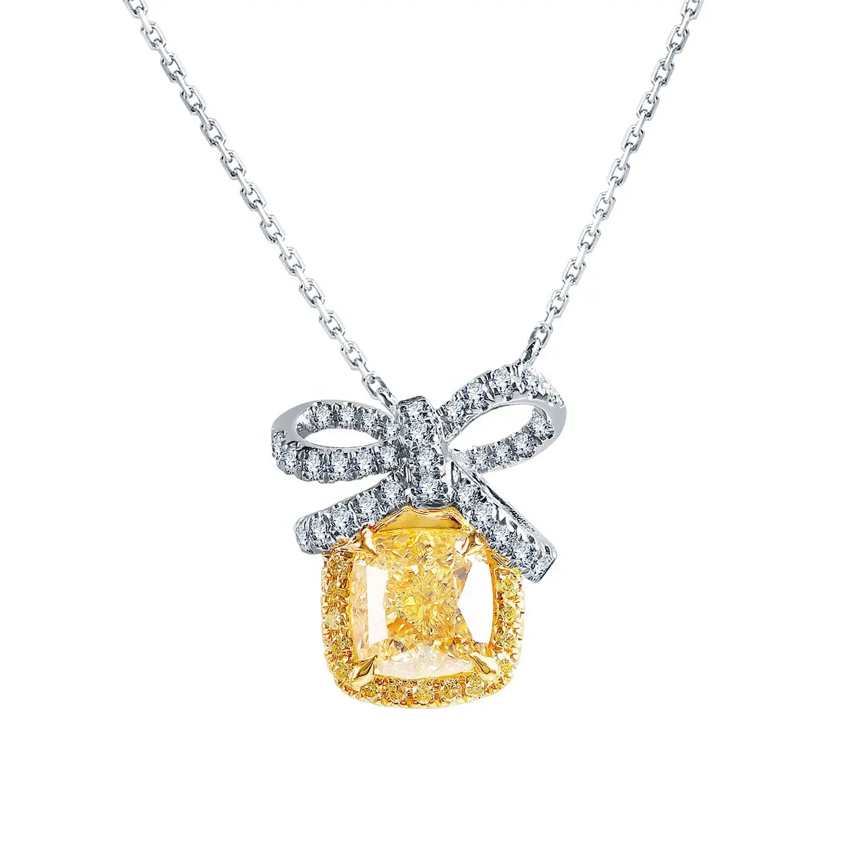 Fancy 925 Sterling Silver Jewelry Butterfly Bow Yellow Cushion CZ Diamond Necklace