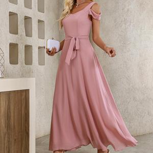 <span class=keywords><strong>Robe</strong></span> d'été décontractée pour femmes en mousseline de soie rose Maxi Dress Breathable Pure Polyester High Waisted Solid Color A-Line Long Belted Tie - Product Image 4
