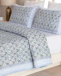 Steel <b>Blue</b> Cotton Quilt Floral Hand Block Print Reversible Jaipuri Bedspread Indian Bedding - Product Image 1
