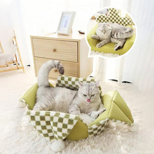 Cat <b>Bed</b> for All Seasons Warm Large Space Semi-Enclosed Teddy Design Checkered Pattern Large Detachable Washable Pet <b>Bed</b> Mat - Product Image 3