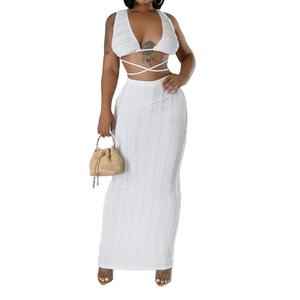 Conjunto de 2 piezas de moda para mujer: Top sin mangas con encaje de vaca y espalda descubierta con lazo y falda halter - Product Image 3