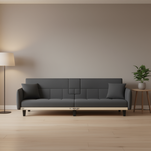 Divano Letto Grigio Scuro in Tessuto 100% Poliestere con Struttura in Compensato, Design Moderno per Soggiorno, 4 Posti - Product Image 2