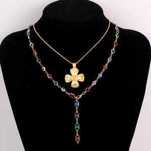 奢华y型彩色水钻花项链配个性化分层长链流苏项链2件套 - Product Image 2