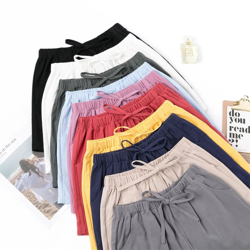 Women Summer Casual Shorts Comfortable Cotton Linen Pants Solid Pocketed Lady Fashion Short Pants