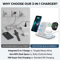 Stasiun Pengisi Daya Nirkabel 3-in-1 Lipat 15W Langsung dari Pabrik, Pengisi Daya Cepat Multi Perangkat ABS+PC, Grosir Partai Besar